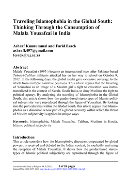 Traveling Islamophobia in the Global South: Thinking Through the Consumption of Malala Yousafzai in India