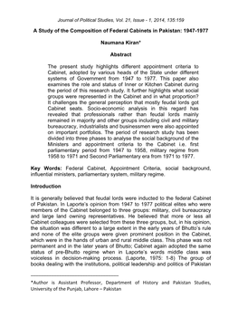 A Study of the Composition of Federal Cabinets in Pakistan: 1947-1977 By