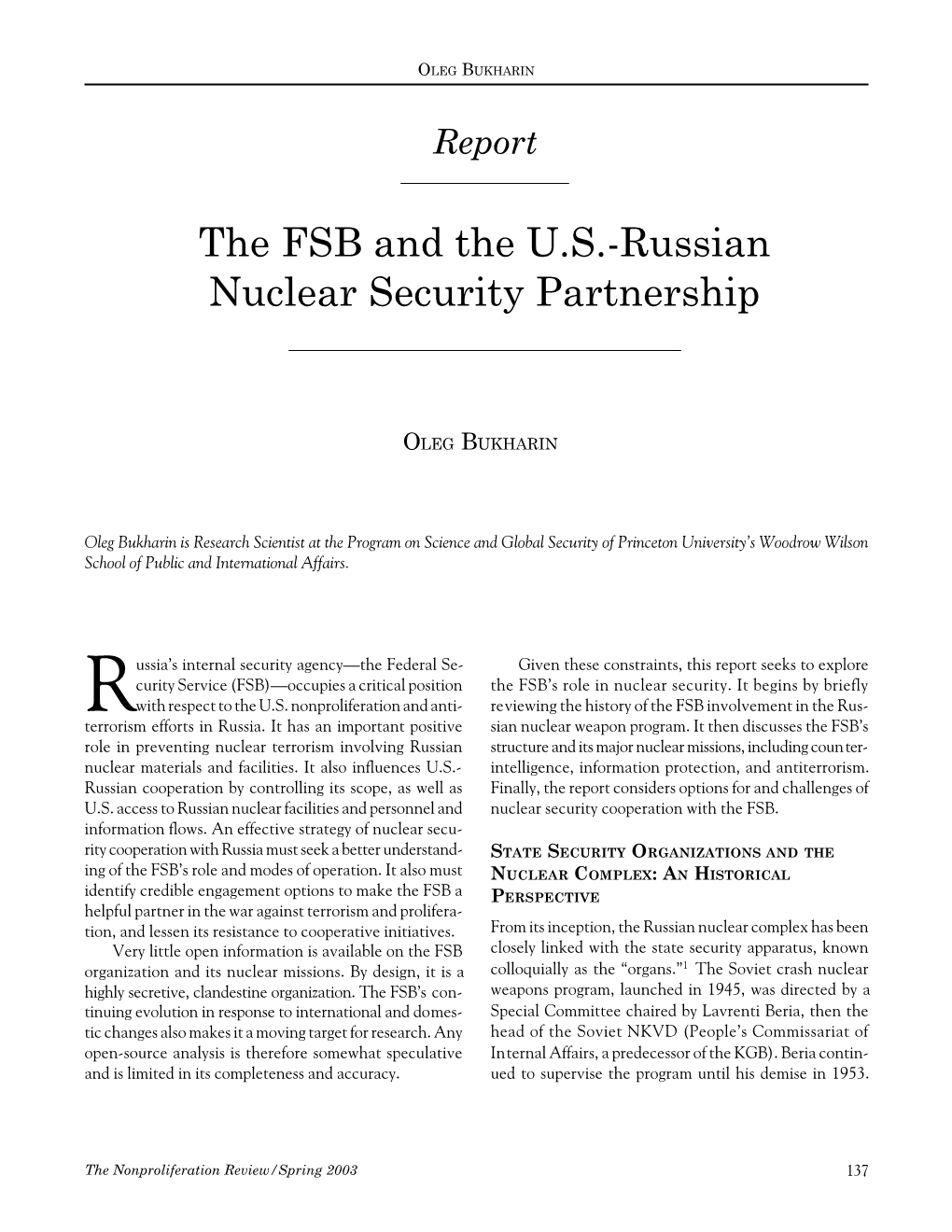 The FSB and the US-Russian Nuclear Security Partnership