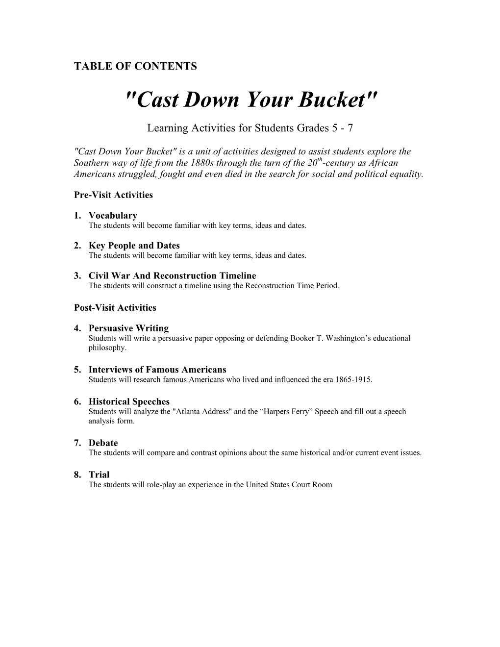 "Cast Down Your Bucket" Learning Activities for Students Grades 5 7