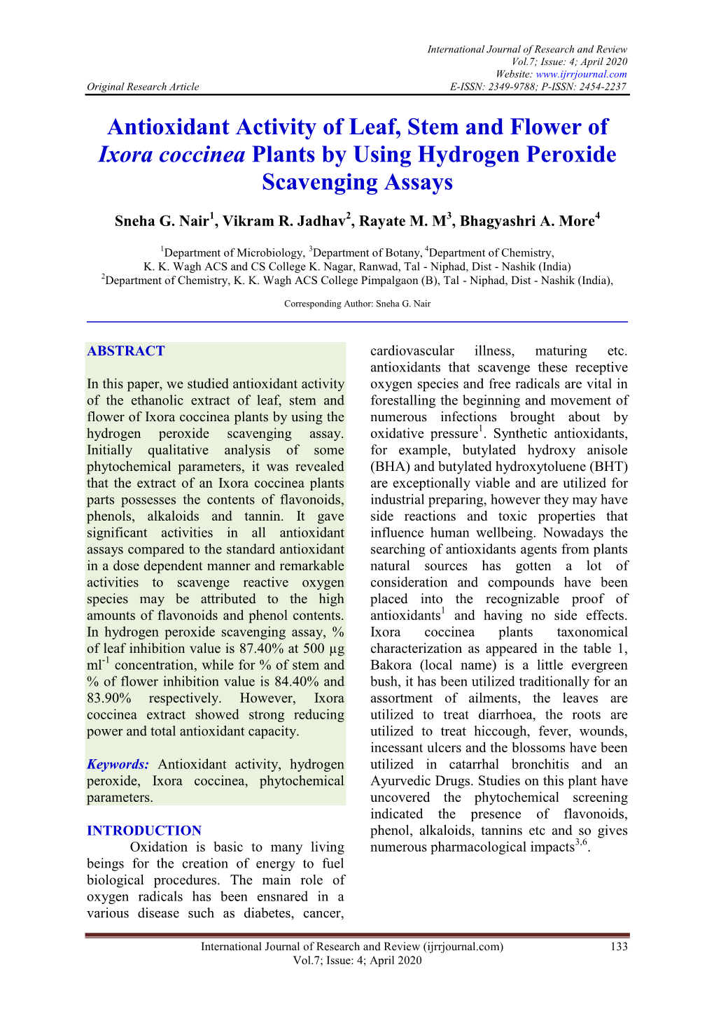 Antioxidant Activity of Leaf, Stem and Flower of Ixora Coccinea Plants by Using Hydrogen Peroxide Scavenging Assays