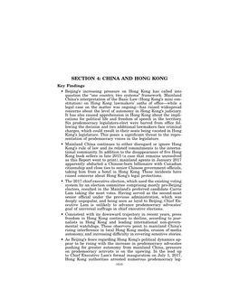 SECTION 4: CHINA and HONG KONG Key Findings •• Beijing’S Increasing Pressure on Hong Kong Has Called Into Question the “One Country, Two Systems” Framework