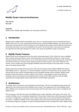 A Closer Look at Mysql Cluster an Architectural Overview - Mariadb White Paper - 08-26-13-001.Docx Page 1