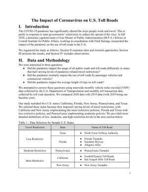 The Impact of Coronavirus on U.S. Toll Roads I. Introduction II. Data And