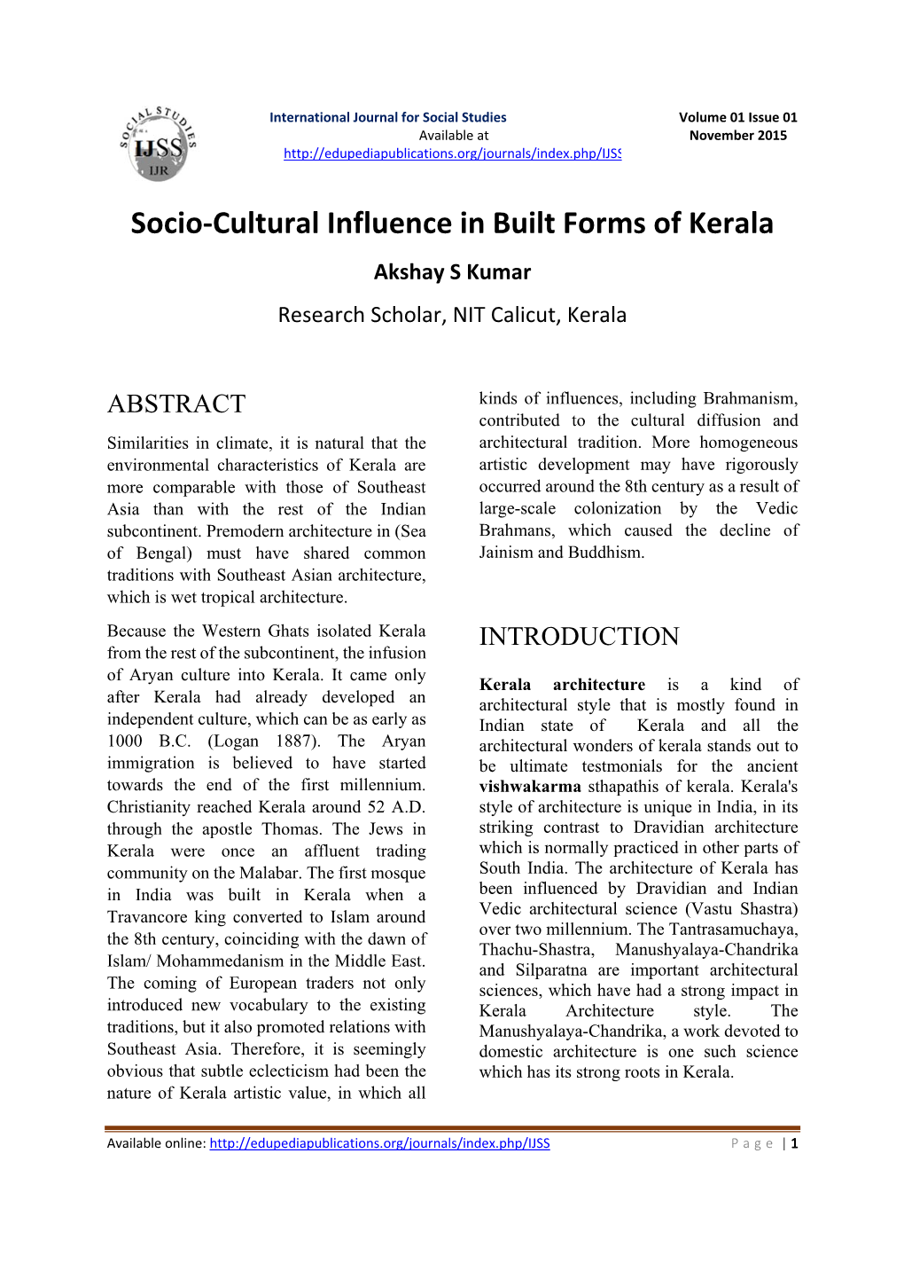 Socio-Cultural Influence in Built Forms of Kerala