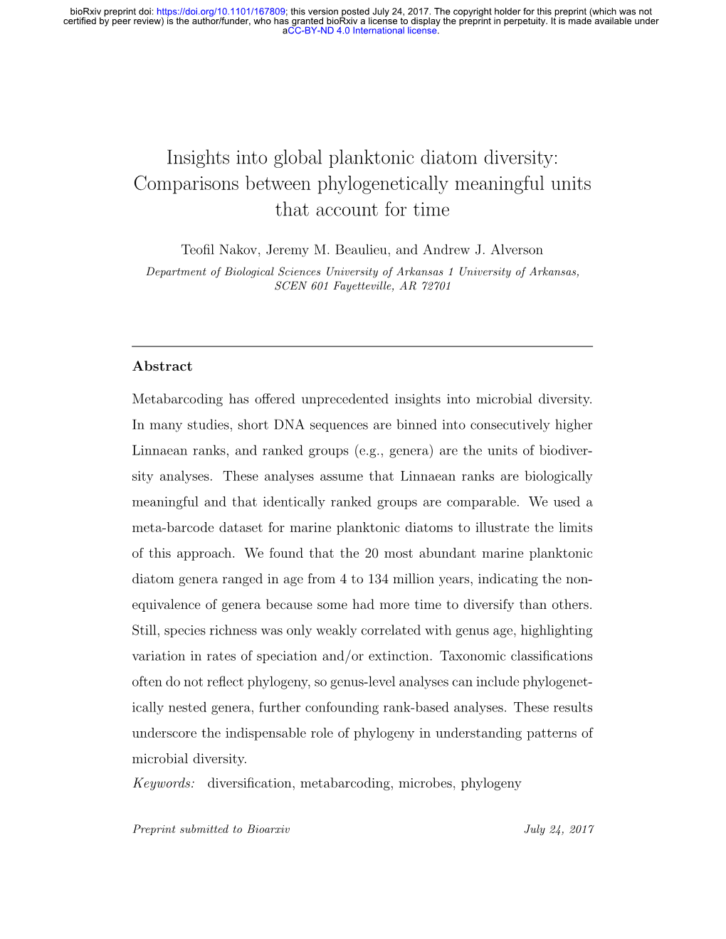 Insights Into Global Planktonic Diatom Diversity: Comparisons Between Phylogenetically Meaningful Units That Account for Time