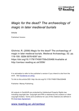 Magic for the Dead? the Archaeology of Magic in Later Medieval Burials