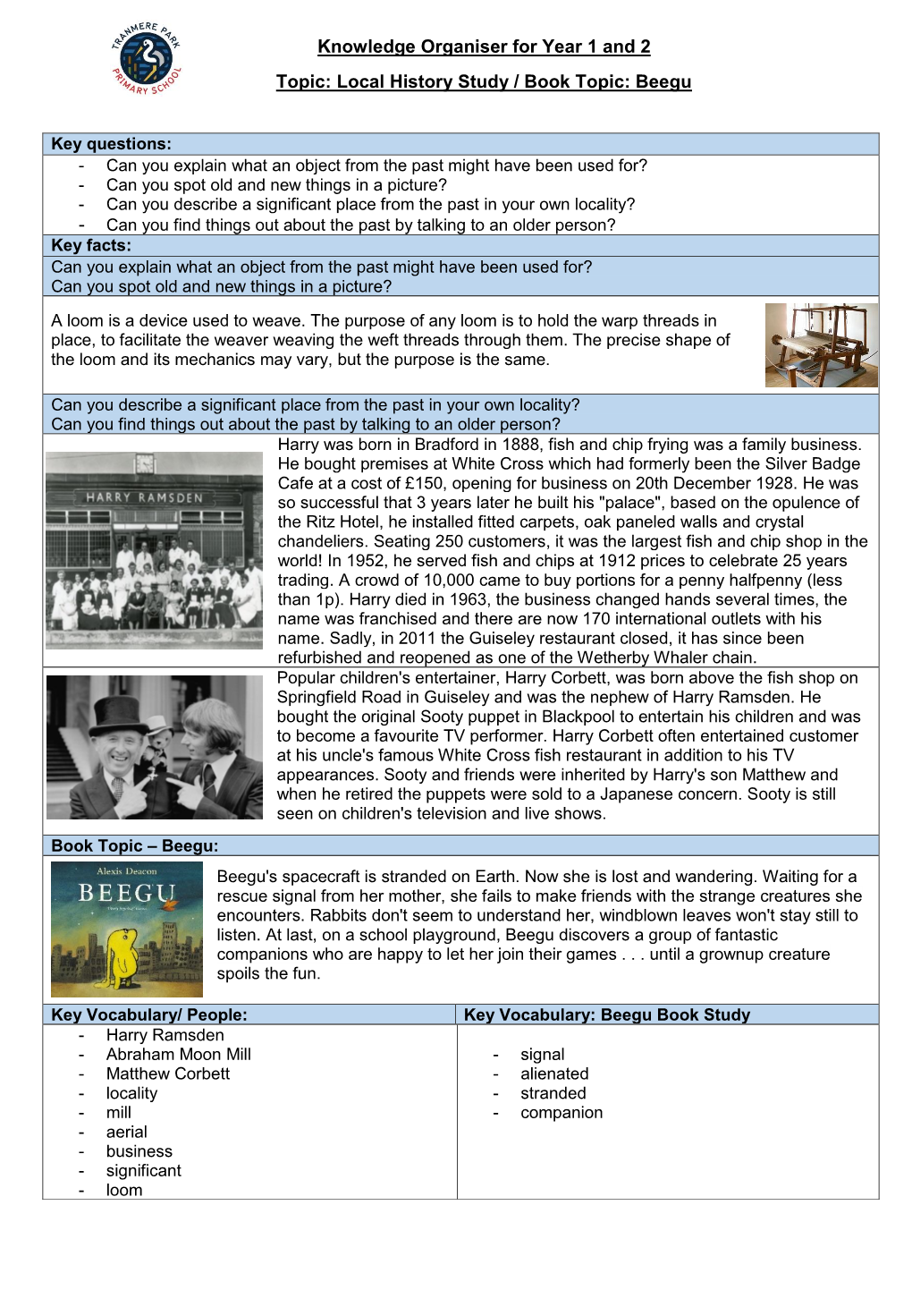 Knowledge Organiser for Year 1 and 2 Topic: Local History Study / Book Topic: Beegu