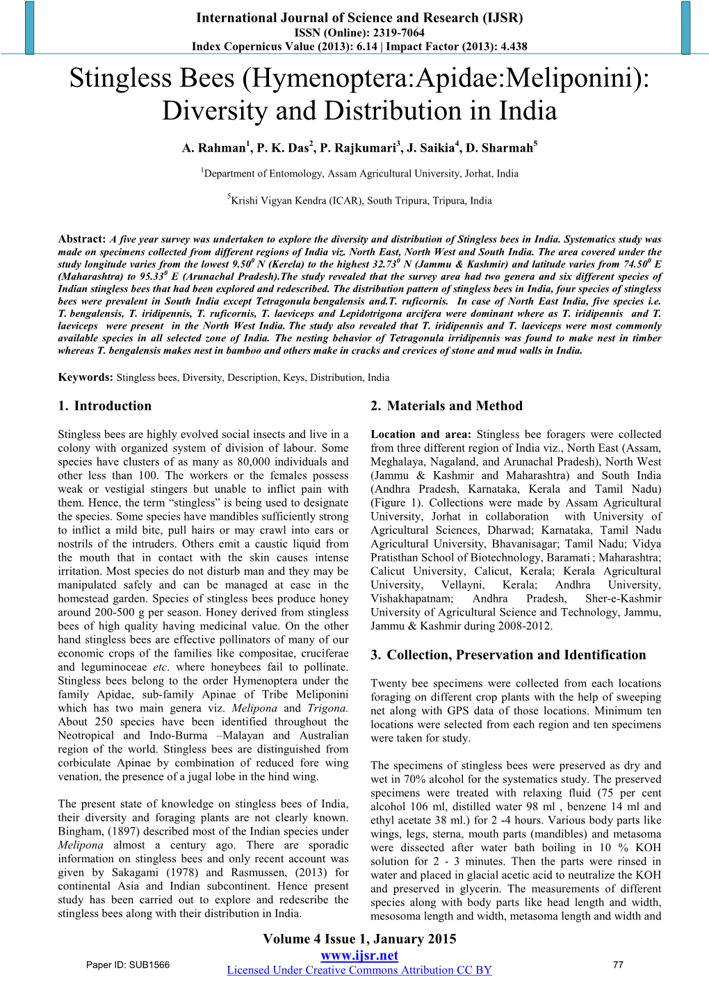 Stingless Bees (Hymenoptera:Apidae:Meliponini): Diversity and Distribution in India