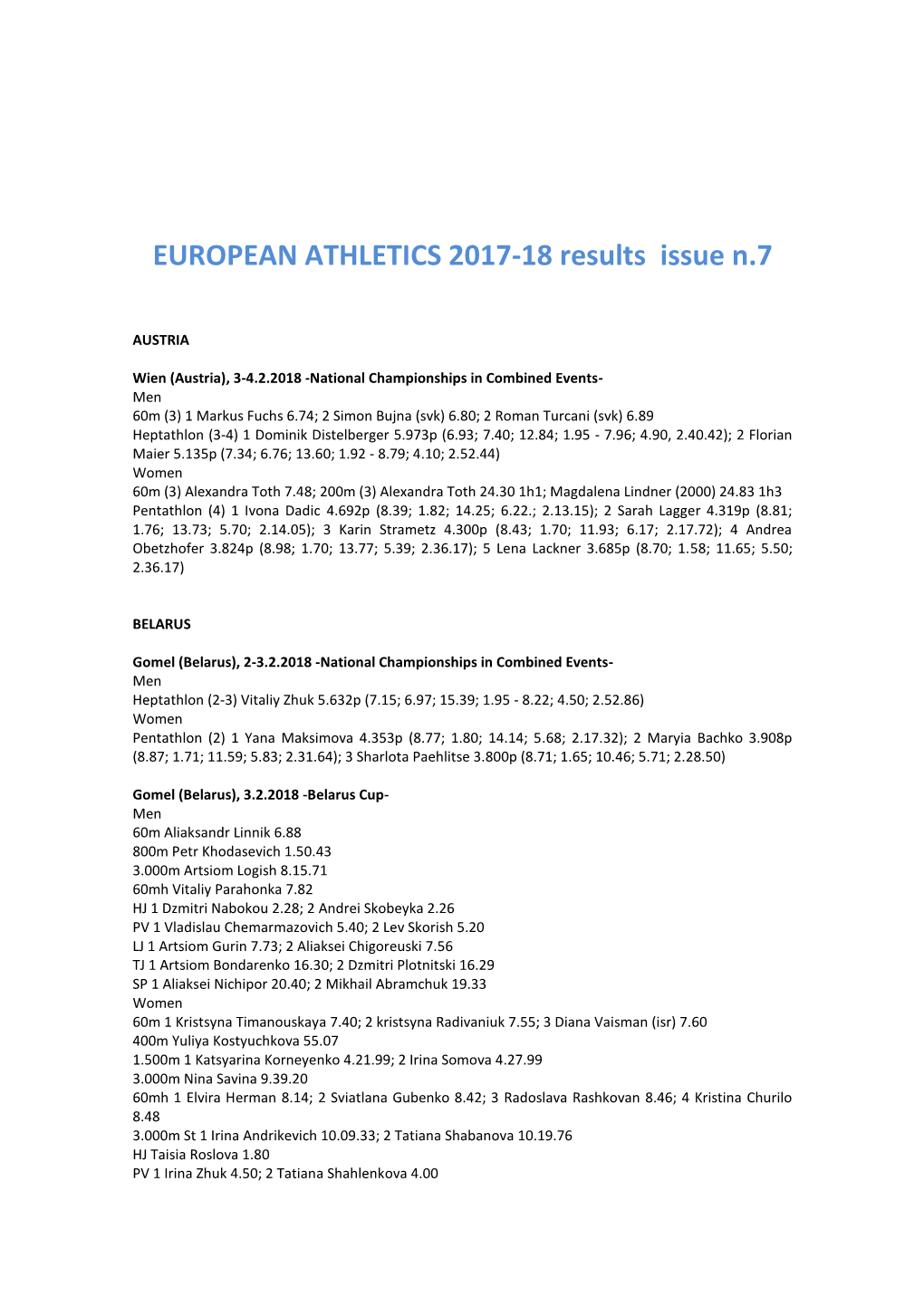 EUROPEAN ATHLETICS 2017-18 Results Issue N.7
