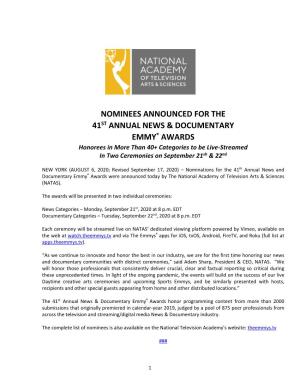 2020-41St News-Doc Emmy Awards Nominations FINAL-Release Rev 9.17.20