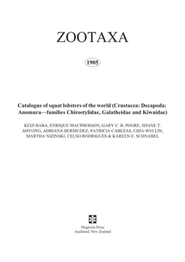 Zootaxa, Catalogue of Squat Lobsters of the World (Crustacea: Decapoda