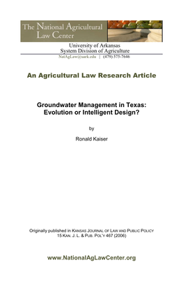 An Agricultural Law Research Article Groundwater Management in Texas