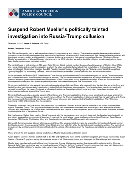 Suspend Robert Mueller's Politically Tainted Investigation Into Russia