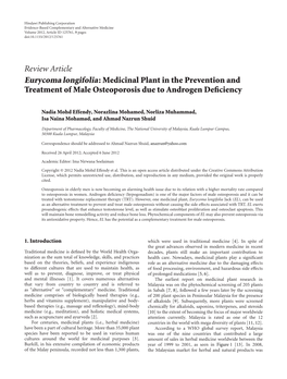 Eurycoma Longifolia: Medicinal Plant in the Prevention and Treatment of Male Osteoporosis Due to Androgen Deﬁciency