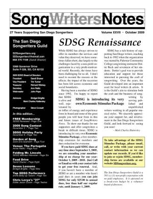 Songwritersnotes 27 Years Supporting San Diego Songwriters Volume XXVII • October 2009