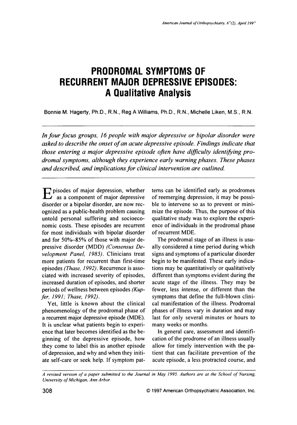 PRODROMAL SYMPTOMS of RECURRENT MAJOR DEPRESSIVE EPISODES: a Qualitative Analysis