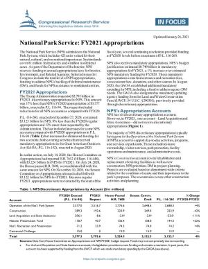National Park Service: FY2021 Appropriations