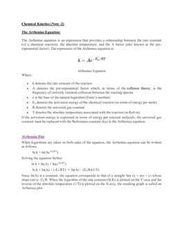 Chemical Kinetics (Note -2) the Arrhenius Equation: the Arrhenius
