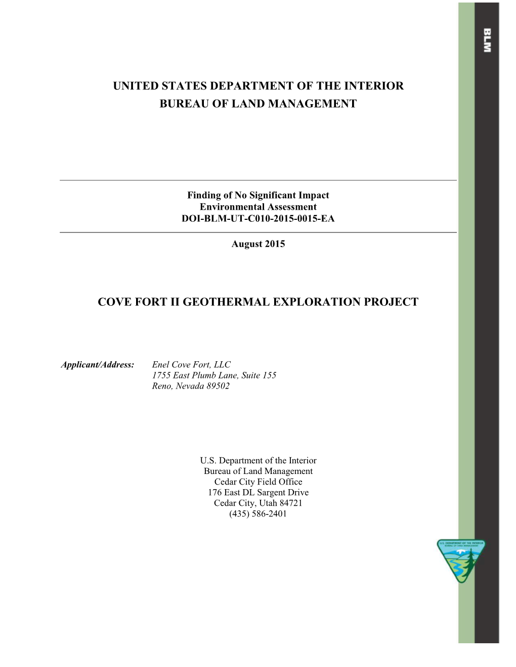 Cove Fort II Geothermal Exploration Project Environmental Assessment