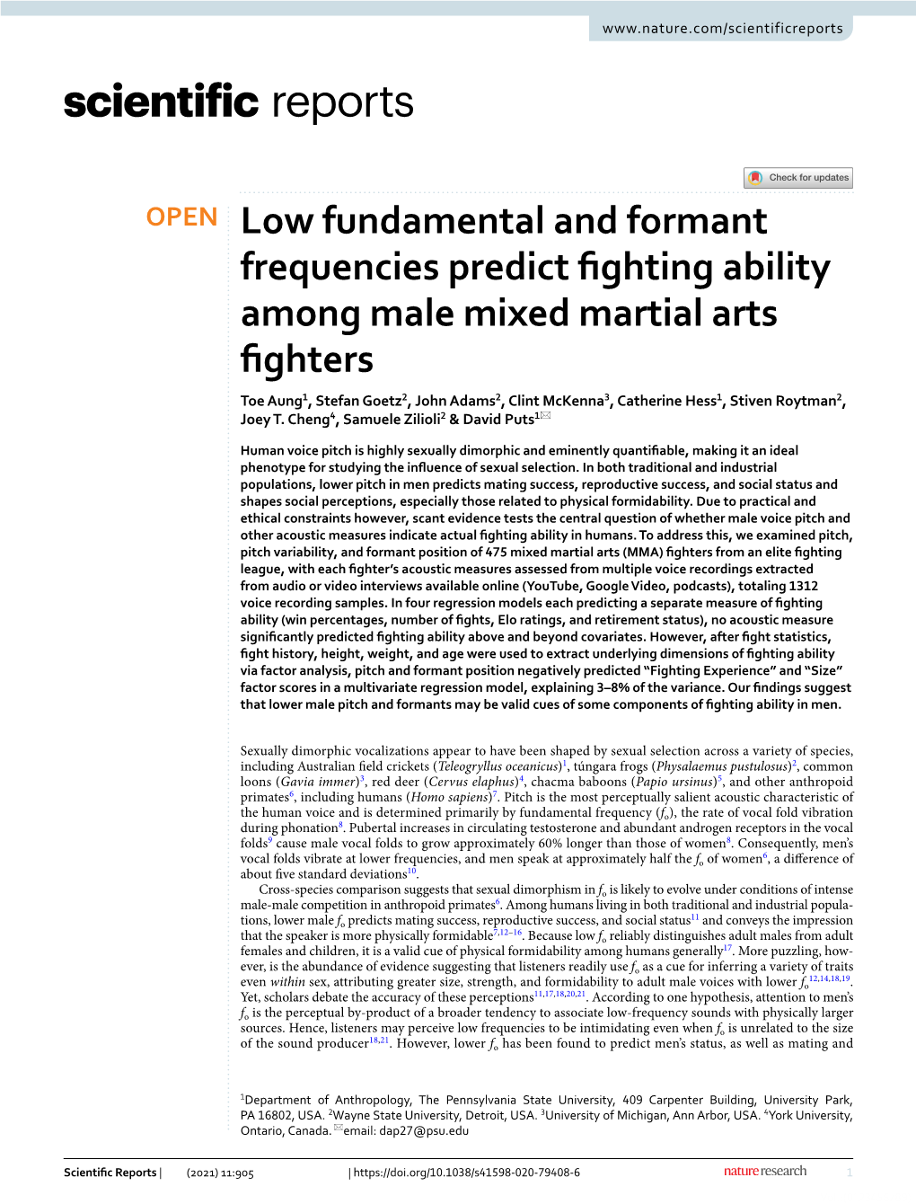 Low Fundamental and Formant Frequencies Predict Fighting Ability
