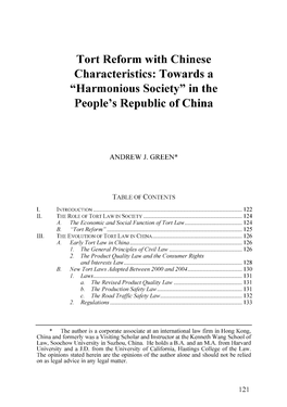 Tort Reform with Chinese Characteristics: Towards a "Harmonious Society" in the People's Republic of China