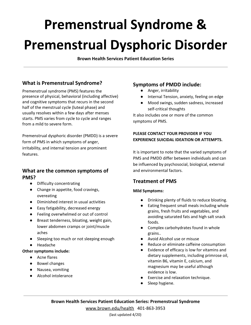 Premenstrual Syndrome & Premenstrual Dysphoric Disorder