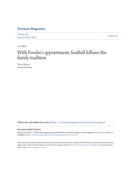 With Fowler's Appointment, Football Follows the Family Tradition Vince Moore Furman University