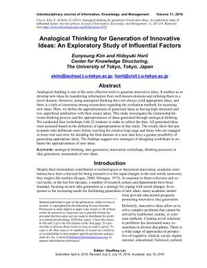 Analogical Thinking for Idea Generation to Some Extent, Everyone Uses Analogies As a Thinking Mechanism in Daily Life (Holyoak & Thagard, 1996)