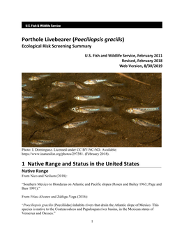 Porthole Livebearer (Poeciliopsis Gracilis) Ecological Risk Screening Summary