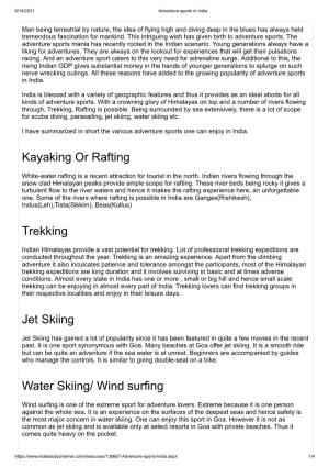 Kayaking Or Rafting Trekking Jet Skiing Water Skiing