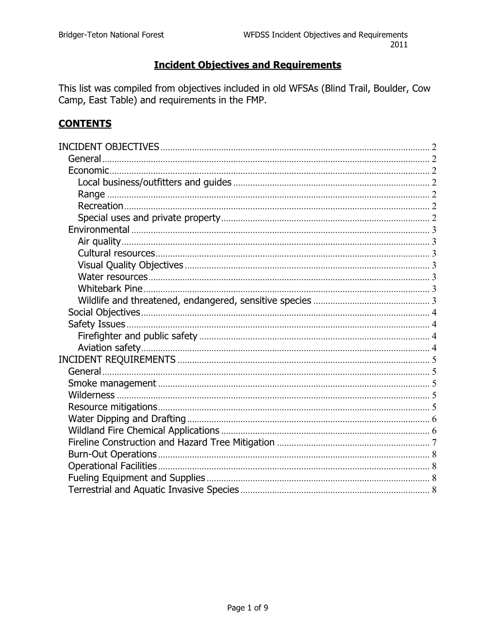 BTF Incident Objectives and Requirements 2011