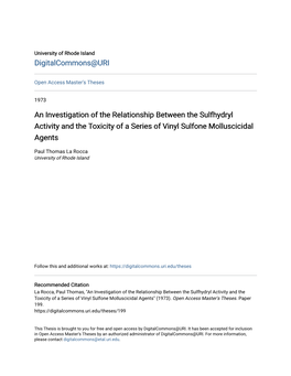 An Investigation of the Relationship Between the Sulfhydryl Activity and the Toxicity of a Series of Vinyl Sulfone Molluscicidal Agents