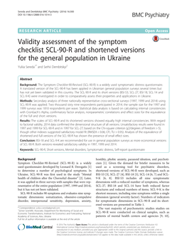 Validity Assessment of the Symptom Checklist SCL-90-R and Shortened Versions for the General Population in Ukraine Yuliia Sereda1* and Serhii Dembitskyi2