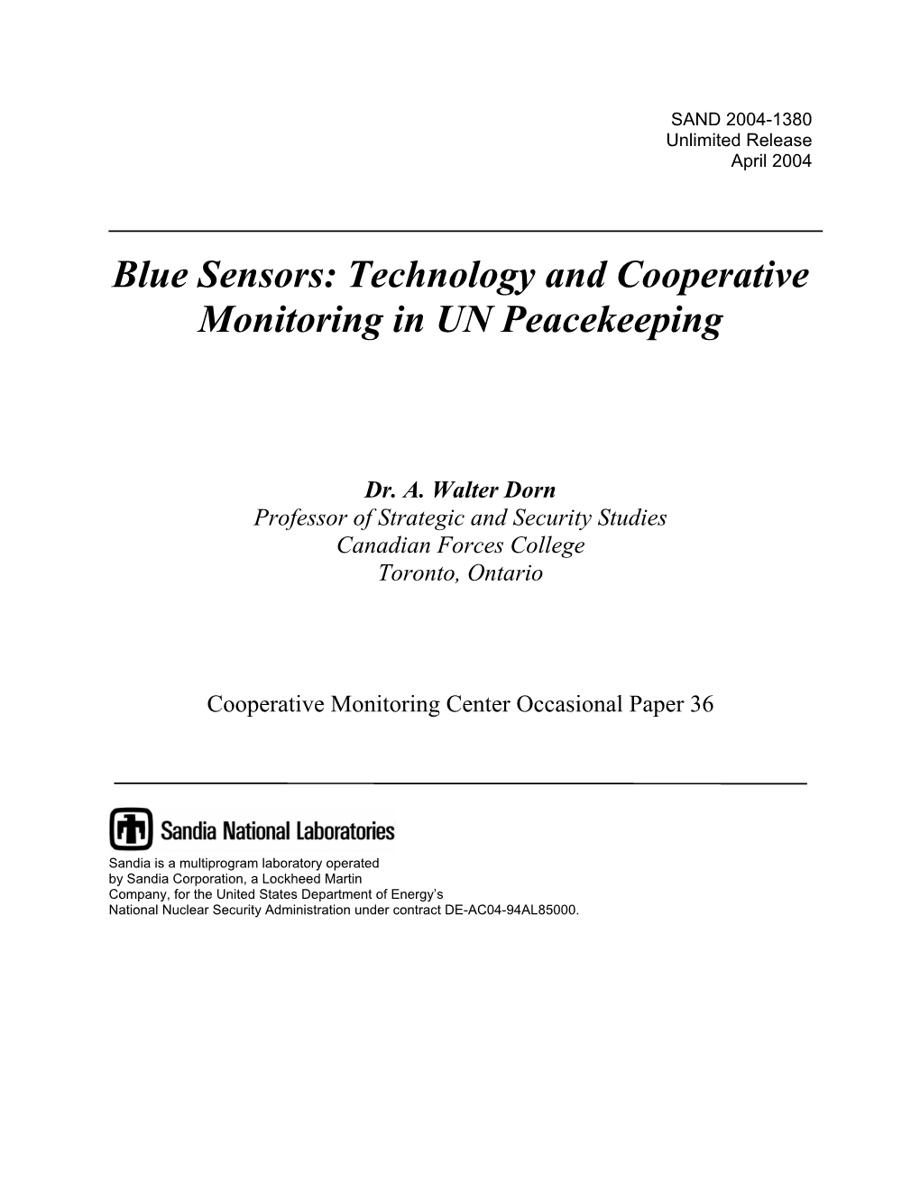 Blue Sensors: Technology and Cooperative Monitoring in UN Peacekeeping