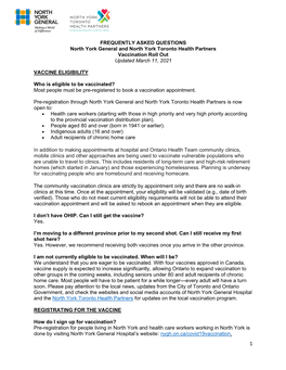 FREQUENTLY ASKED QUESTIONS North York General and North York Toronto Health Partners Vaccination Roll out Updated March 11, 2021