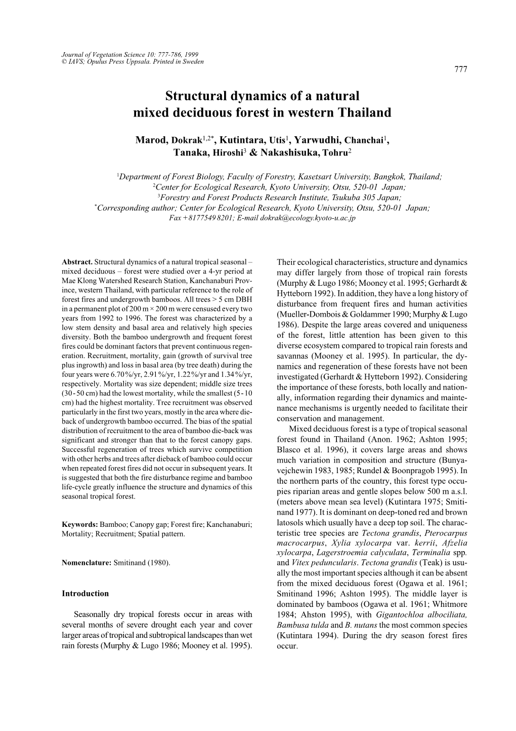 Structural Dynamics of a Natural Mixed Deciduous Forest in Western Thailand