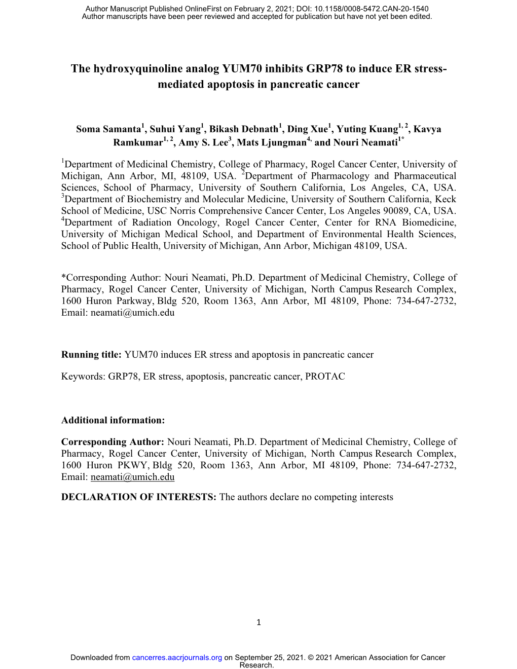 The Hydroxyquinoline Analog YUM70 Inhibits GRP78 to Induce ER Stress- Mediated Apoptosis in Pancreatic Cancer