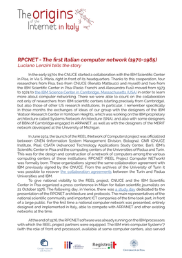 RPCNET - the First Italian Computer Network (1970-1985) Luciano Lenzini Tells the Story