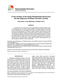 A New Member of the Family Plotopteridae (Aves) from the Late Oligocene of British Columbia, Canada