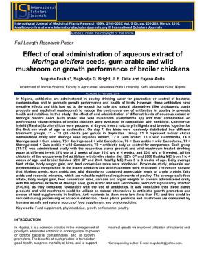 Effect of Oral Administration of Aqueous Extract of Moringa Oleifera Seeds, Gum Arabic and Wild Mushroom on Growth Performance of Broiler Chickens