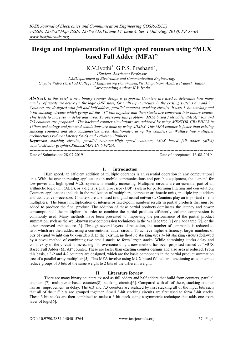 Design and Implementation of High Speed Counters Using “MUX Based Full Adder (MFA)”