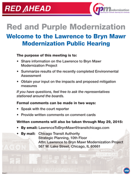 Red and Purple Modernization Welcome to the Lawrence to Bryn Mawr Modernization Public Hearing