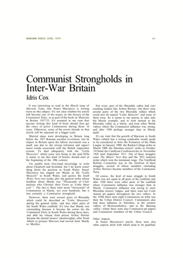 Communist Strongholds in Inter-War Britain Idris Cox