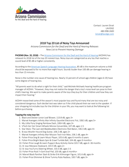 2018 Top 20 List of Noisy Toys Announced Arizona Commission for the Deaf and the Hard of Hearing Releases New List to Prevent Hearing Damage
