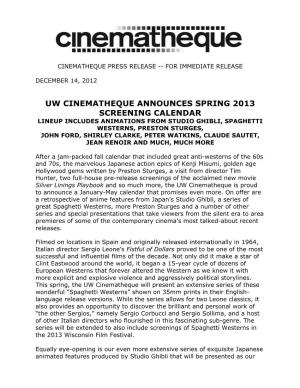 Uw Cinematheque Announces Spring 2013