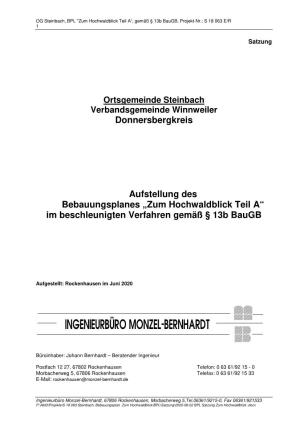 2020-06-02 BPL Satzung Zum Hochwaldblick .Docx OG Steinbach, BPL "Zum Hochwaldblick Teil A“, Gemäß § 13B Baugb, Projekt-Nr.: S 18 063 E/R 2
