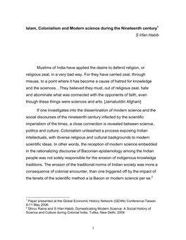 Islam, Colonialism and Modern Science During the Nineteenth Century1 S Irfan Habib