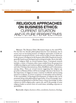 Religious Approaches on Business Ethics: Current Situation and Future Perspectives