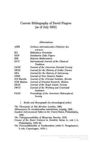 Current Bibliography of David Pingree (As of July 2003)